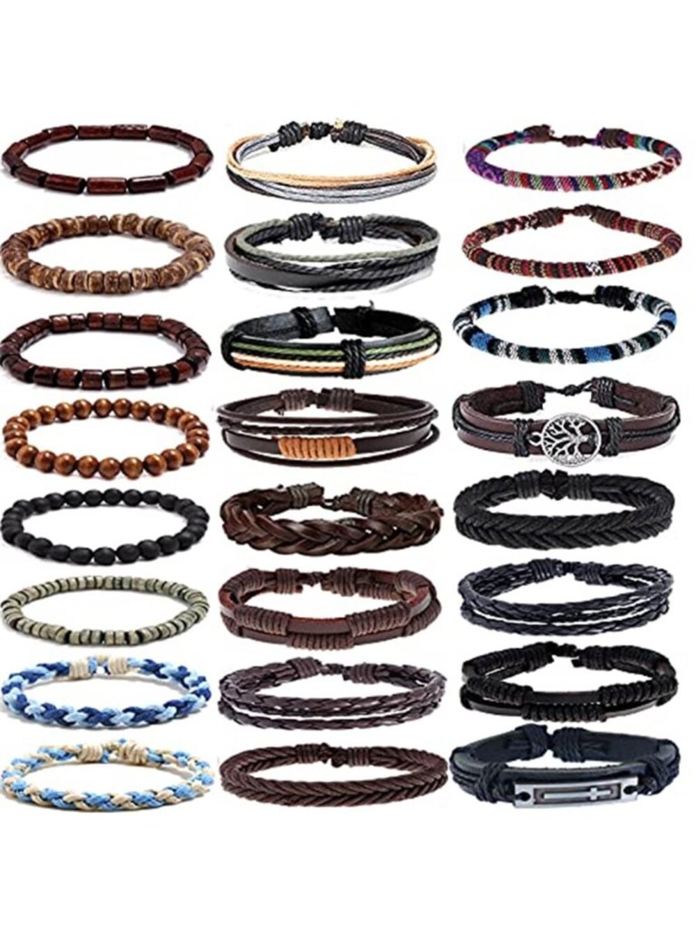 24PC Braided Leather Bracelet Set Men Women Wooden Bead Wrap Wristband Boho